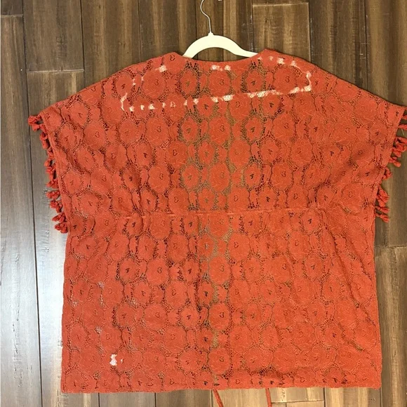 Sz M Rust Orange Lace Kimono Shawl Cardigan Poncho Tassels Poms Front Tie - Picture 9 of 9